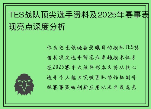 TES战队顶尖选手资料及2025年赛事表现亮点深度分析