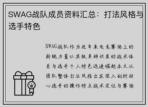 SWAG战队成员资料汇总：打法风格与选手特色
